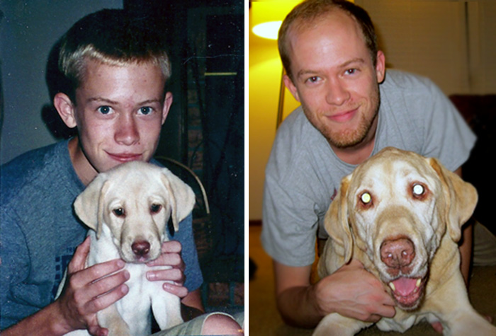 Выросли вместе: собаки и их хозяева в начале дружбы и через много лет